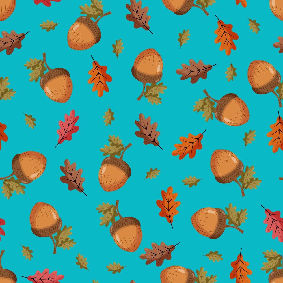 Seamless pattern with an acorn on a blue background. Autumn pattern with leaves vector