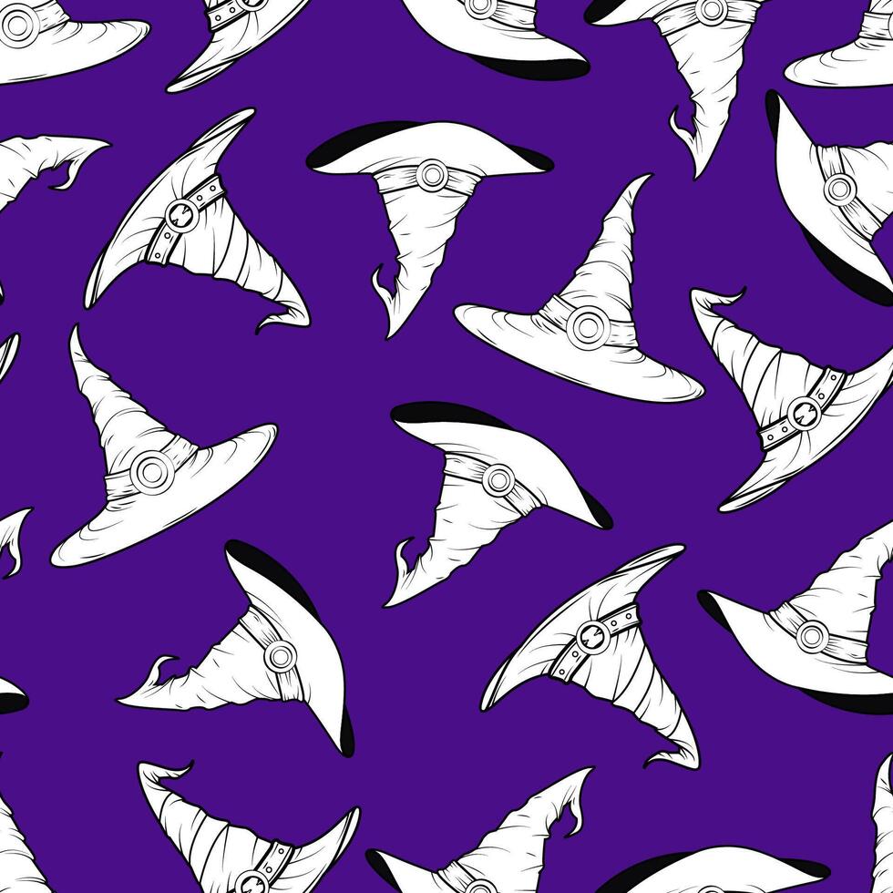 A seamless pattern featuring a witch's hat, designed for a purple background, perfect for Halloween celebrations. vector