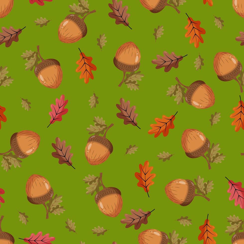Seamless pattern with an acorn on a green background. Autumn pattern with leaves vector
