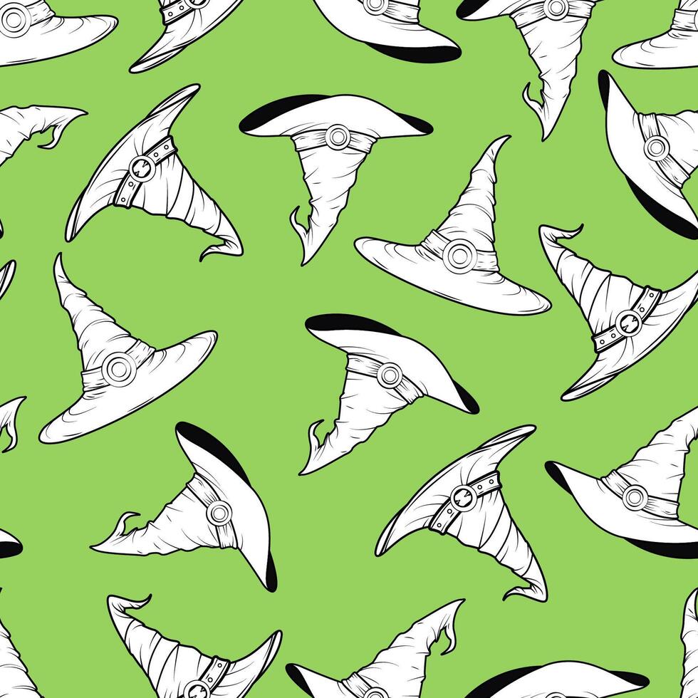 A seamless pattern featuring a witch's hat, on a green background, perfect for Halloween. vector