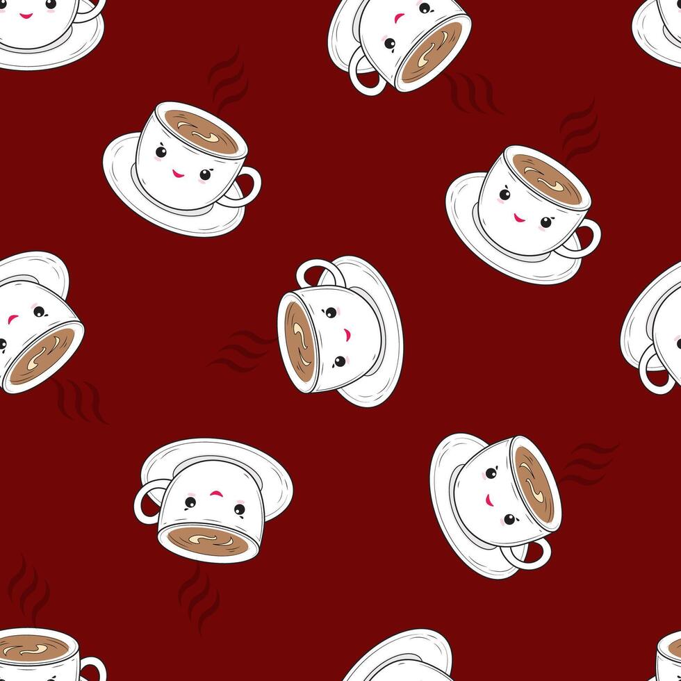 Seamless pattern with cute cups on a cherry background. Tea or coffee pattern vector
