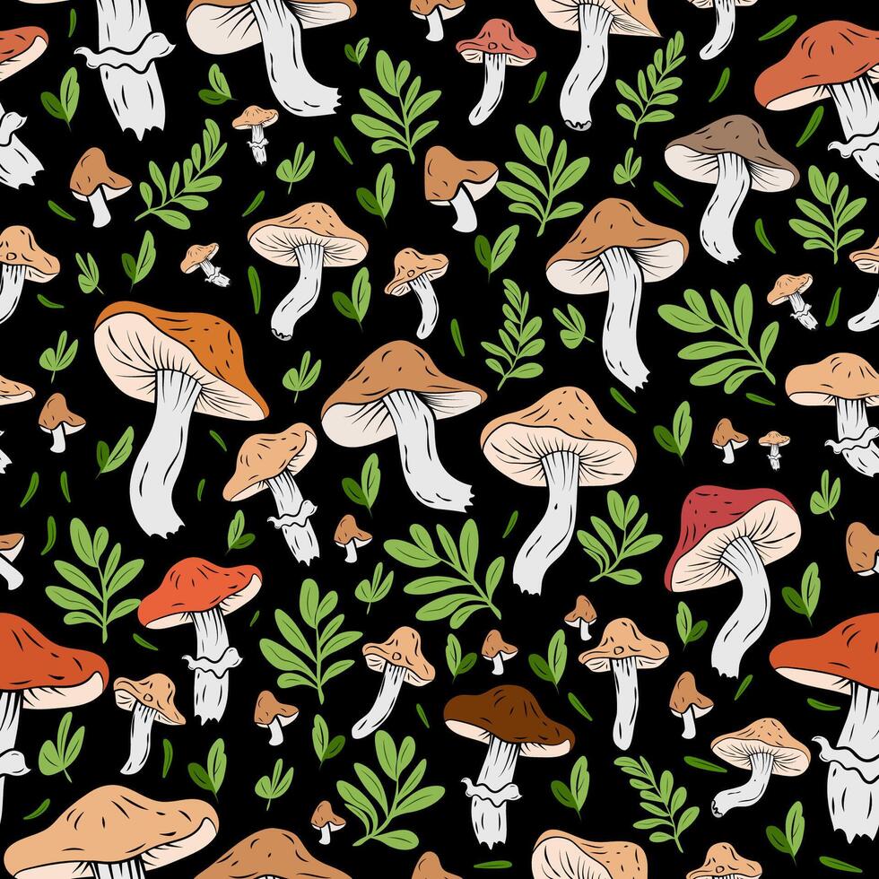 Seamless pattern featuring wild mushrooms on a black background, a pattern combining mushrooms and green leaves, autumnal in style. vector