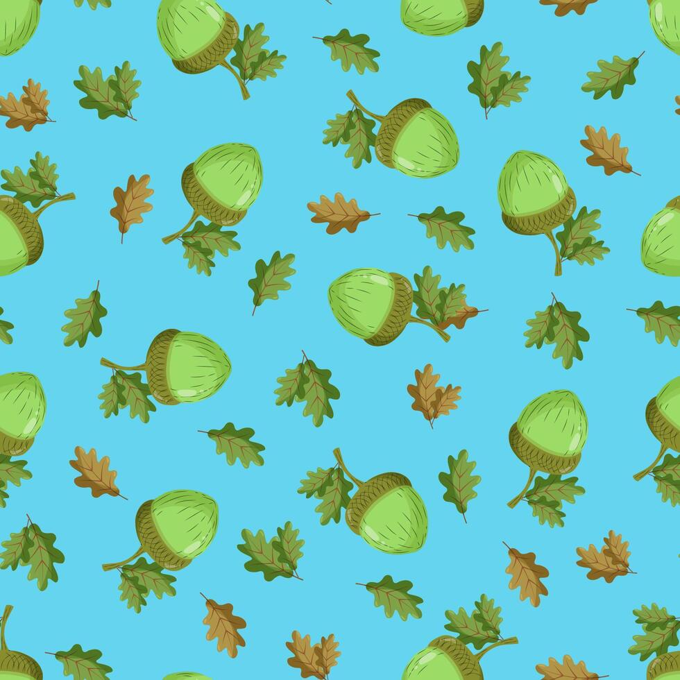 Seamless pattern with a green acorn on a blue background. Autumn pattern with leaves vector