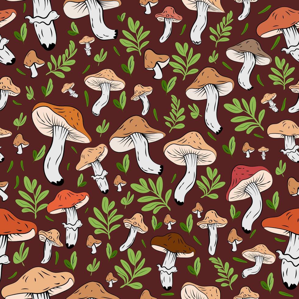 Seamless pattern featuring wild mushrooms on a brown background, a pattern combining mushrooms and green leaves, autumnal in style. vector