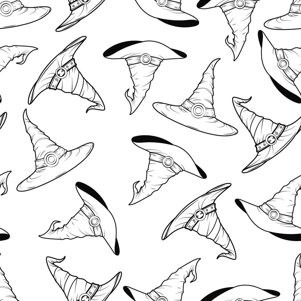 A seamless pattern featuring a witch's hat, designed for a Halloween theme. The pattern is printed on a white background. vector