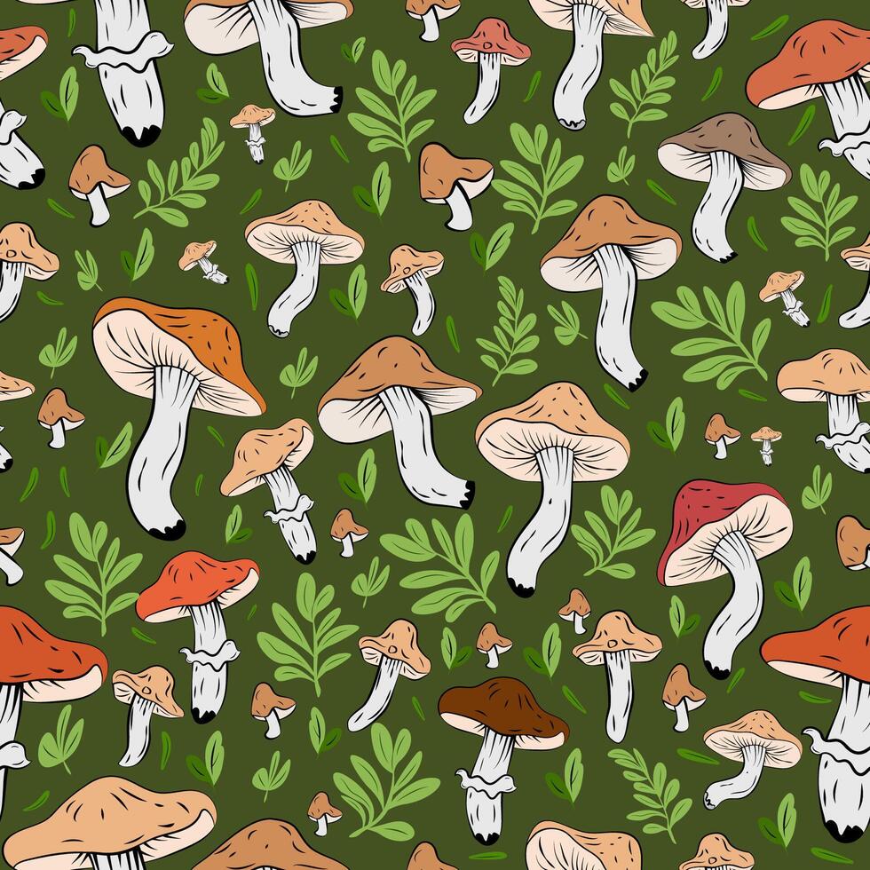 Seamless pattern featuring wild mushrooms on a green background, a pattern combining mushrooms and green leaves, autumnal in style. vector