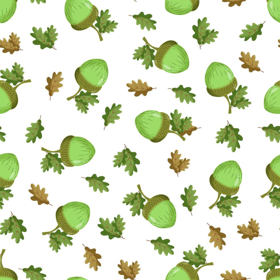 Seamless pattern with a green acorn on a white background. Autumn pattern with leaves vector