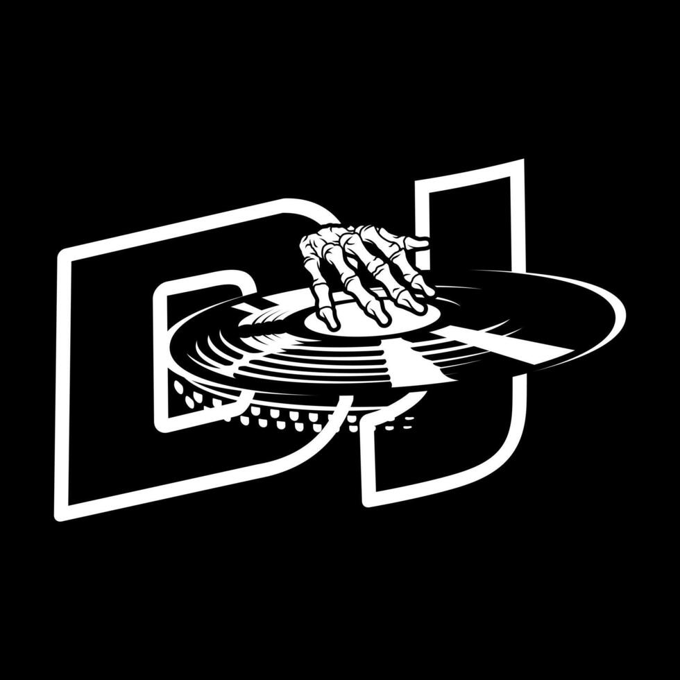 DJ logo with hand skull skeleton, Design element for logo, poster, card, banner, emblem, t shirt. illustration vector