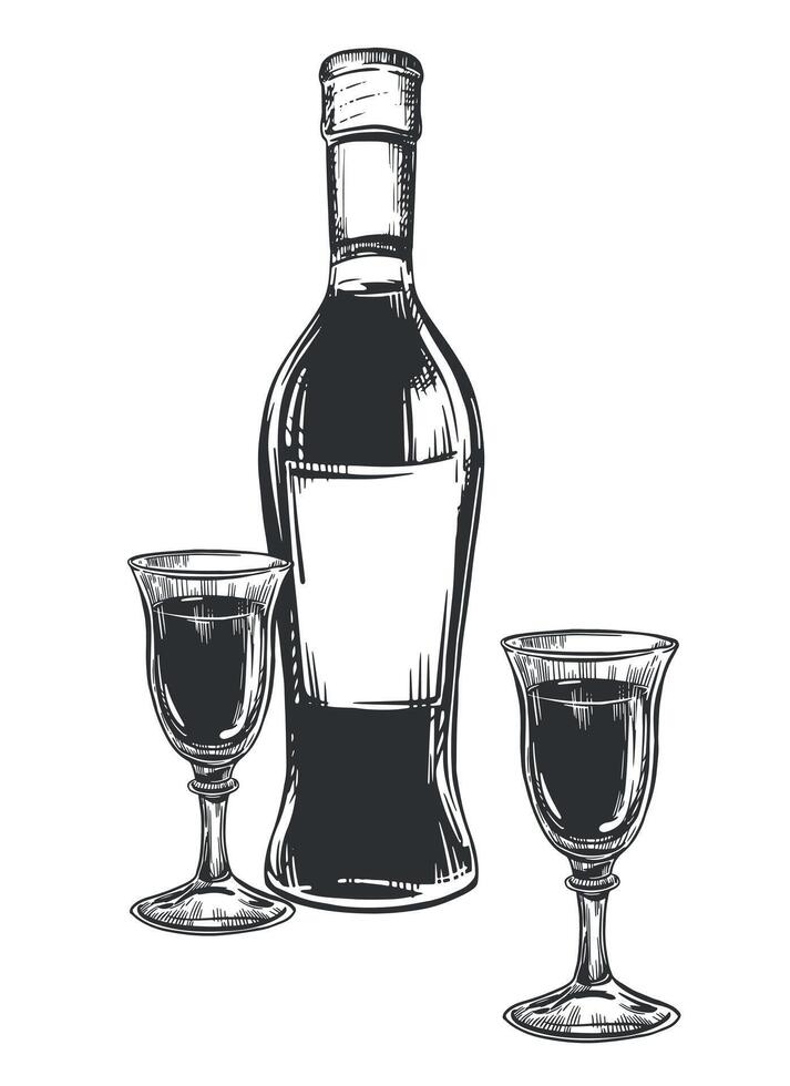 Nocino liqueur black and white linear sketch. Bottle and glasses on a white background. ink drawing in engraving style. Alcoholic drink. Clipart for menus, packaging, labels. vector