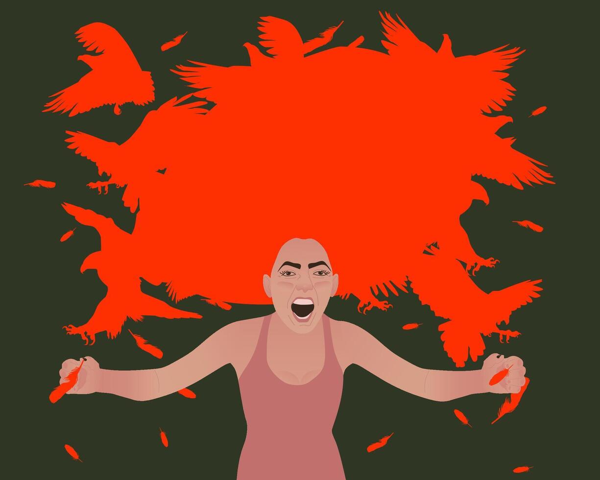 Woman standing with dead fists, feeling furious. Concept of anger rage and negative emotions. Birds of prey as a symbol of aggression. illustration. vector