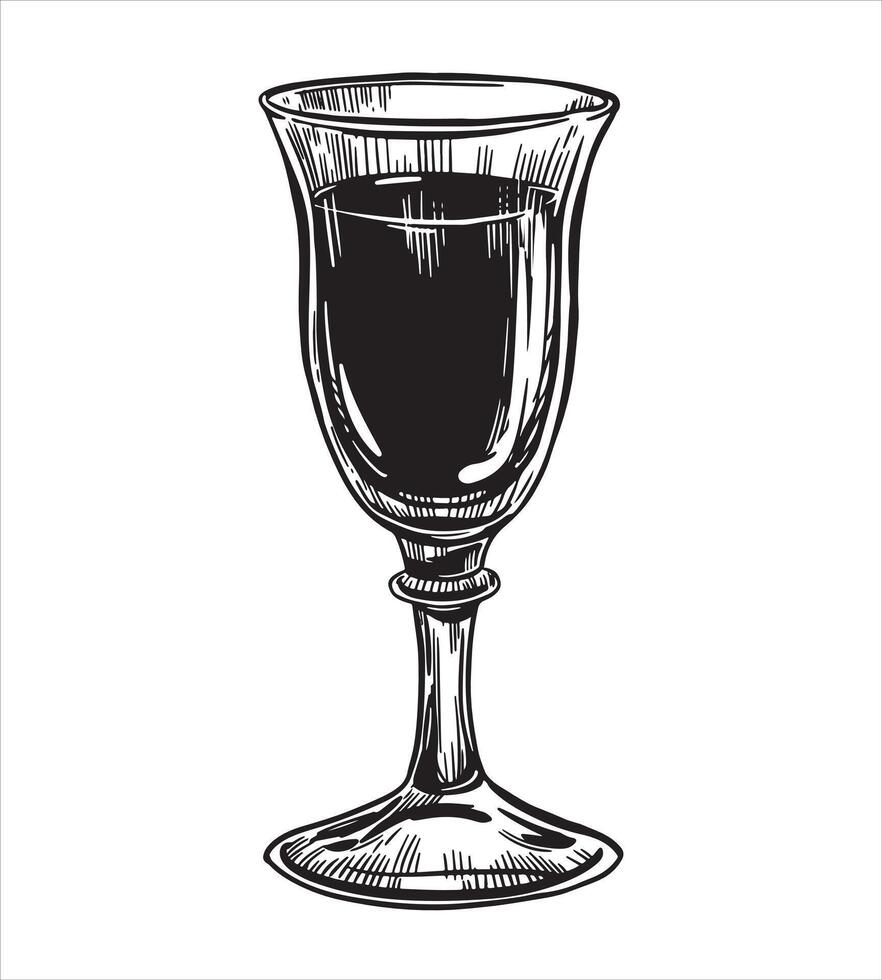 Glass of liquor black and white linear sketch. ink drawing of a glass. Alcoholic beverage Nocino vector