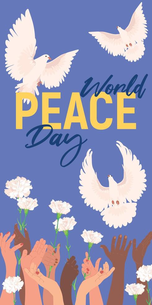 International Day of Peace. A white dove flies into the sky, the raised hands of different peoples of the world with flowers release birds into the wild. vector