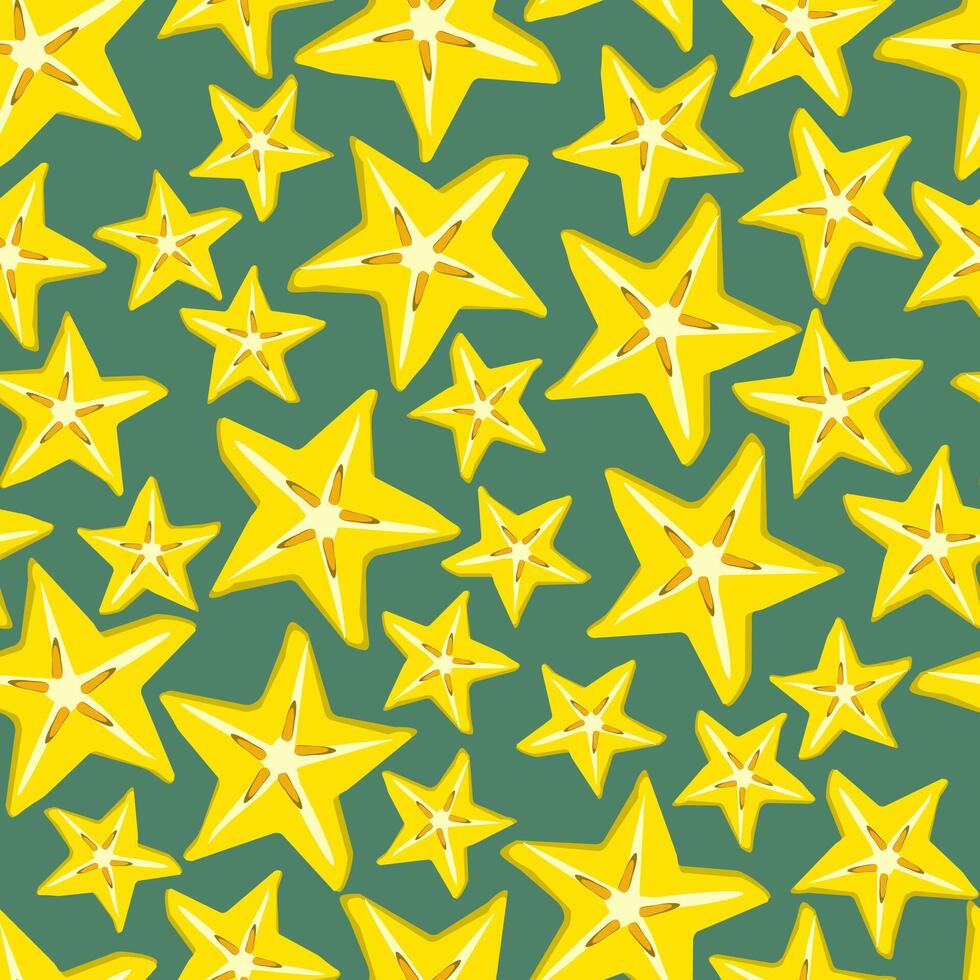 pattern slices of ripe carambola fruit on green background vector