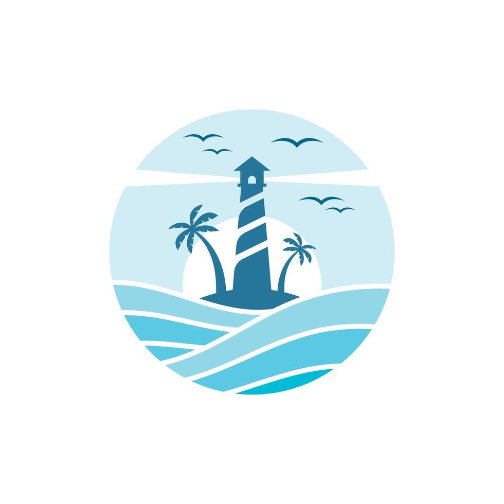a logo illustration of a lighthouse in the middle of the high seas vector