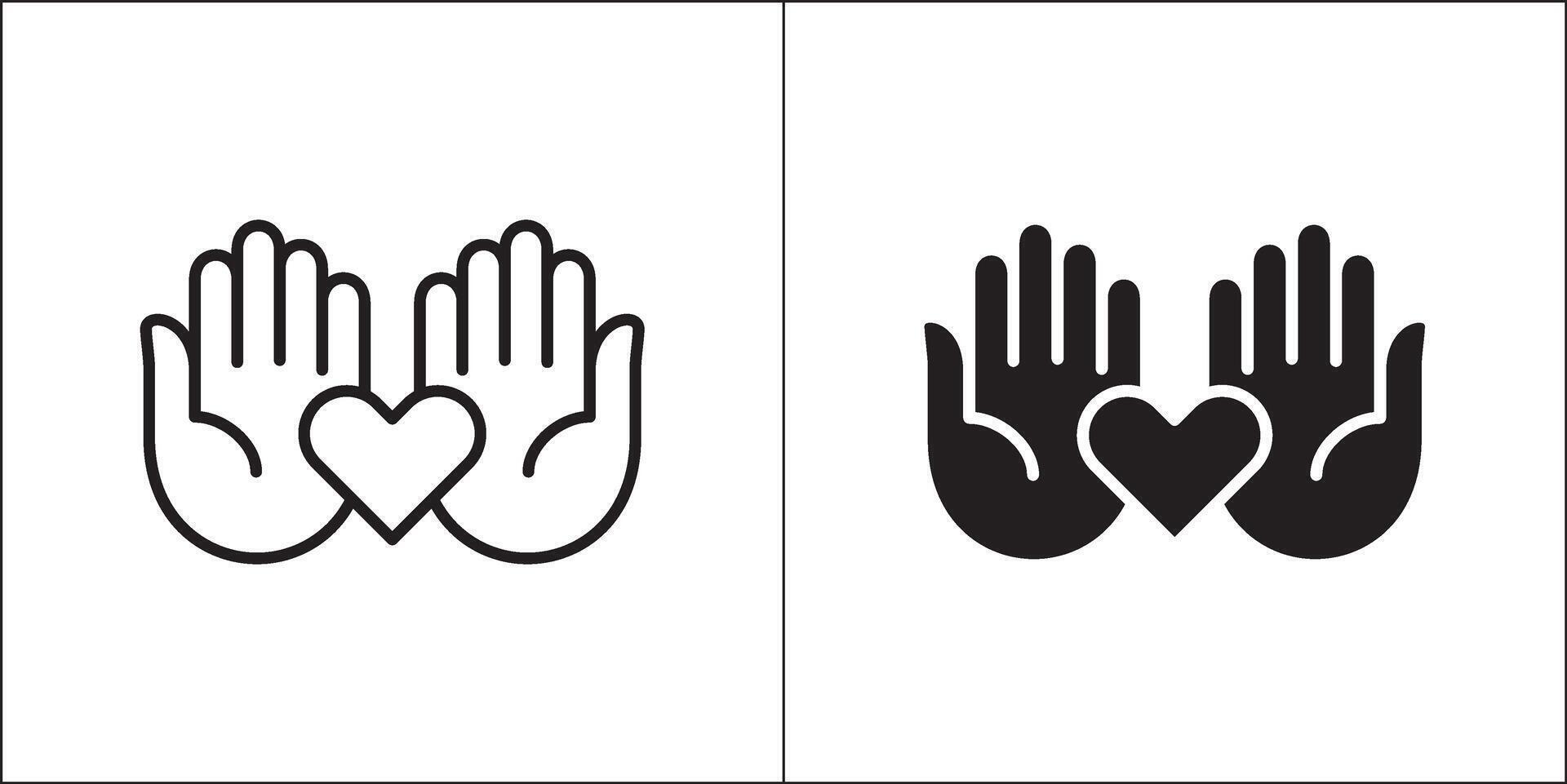 Two hand receiving aid icon. Two hands with hear symbol. Icon for charity, donation, compassion, solidarity and humanitarian. Stock logo illustration in flat and line design style. vector