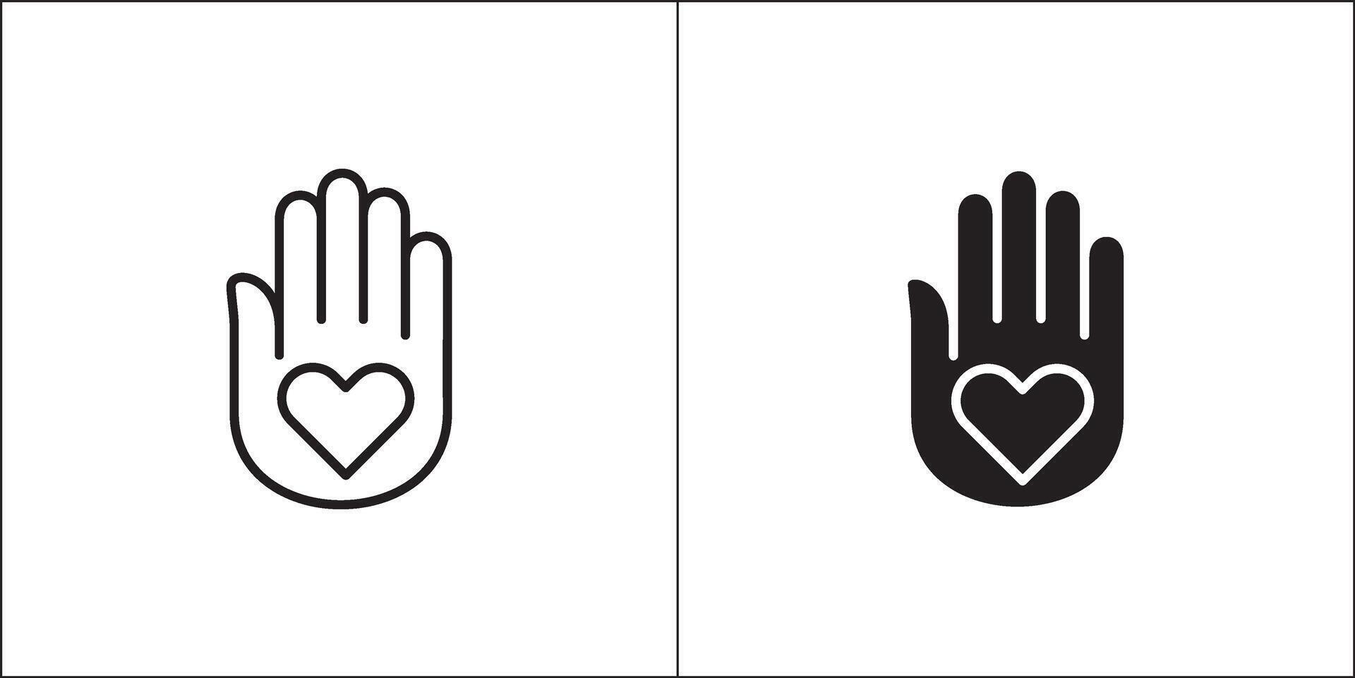 Palm hand with heart symbol in the middle. Charity greeting hand icon. Icon for charity, donation, compassion, solidarity and humanitarian. Stock logo illustration in flat and line design style vector