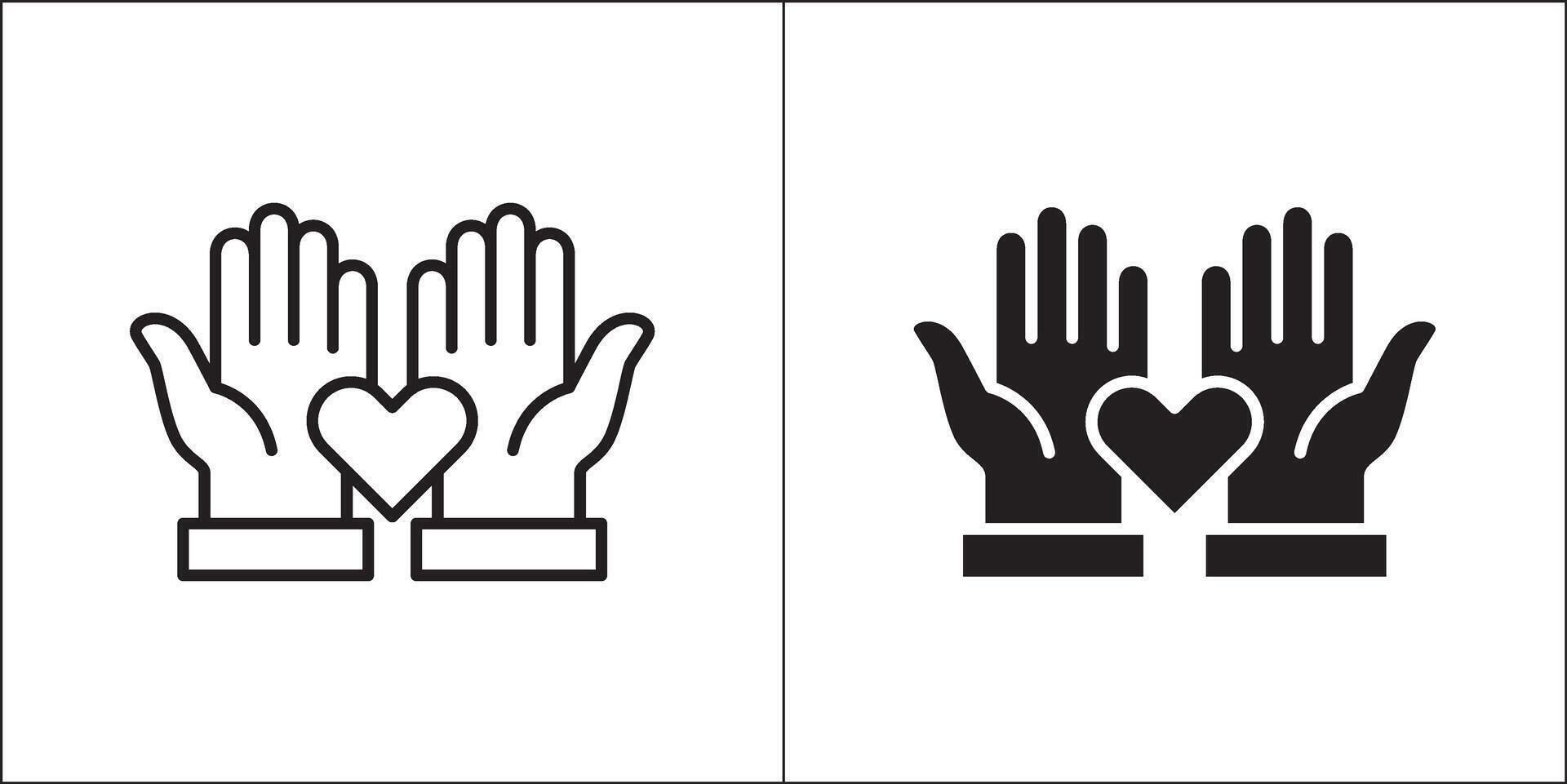 Two hand receiving aid icon. Two hands with hear symbol. Icon for charity, donation, compassion, solidarity and humanitarian. Stock logo illustration in flat and line design style. vector