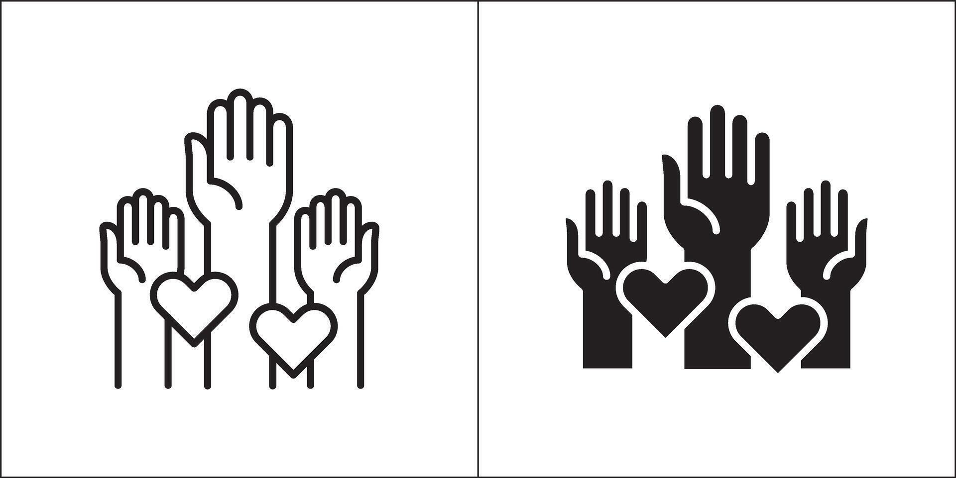 Raising hands for volunteer icon. Participate hands icons. Icon for charity, donation, compassion, solidarity and humanitarian. Stock logo illustration in flat and line design style. vector