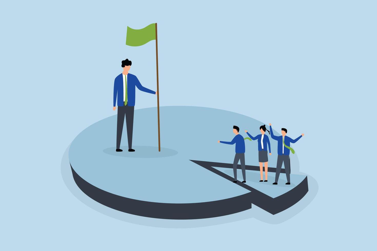 Business winning market share, successful entrepreneur businessman with flag standing in pie board defeating competitors. vector