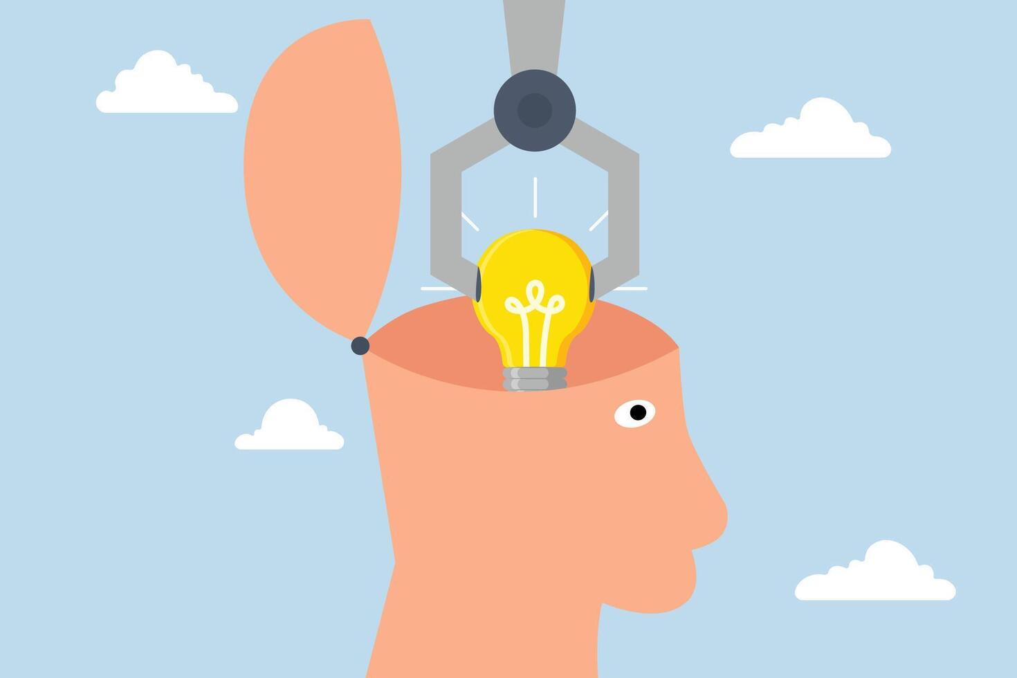 innovation, the robot arm of machine puts light bulb idea on human head metaphor of coming up with a new idea. vector
