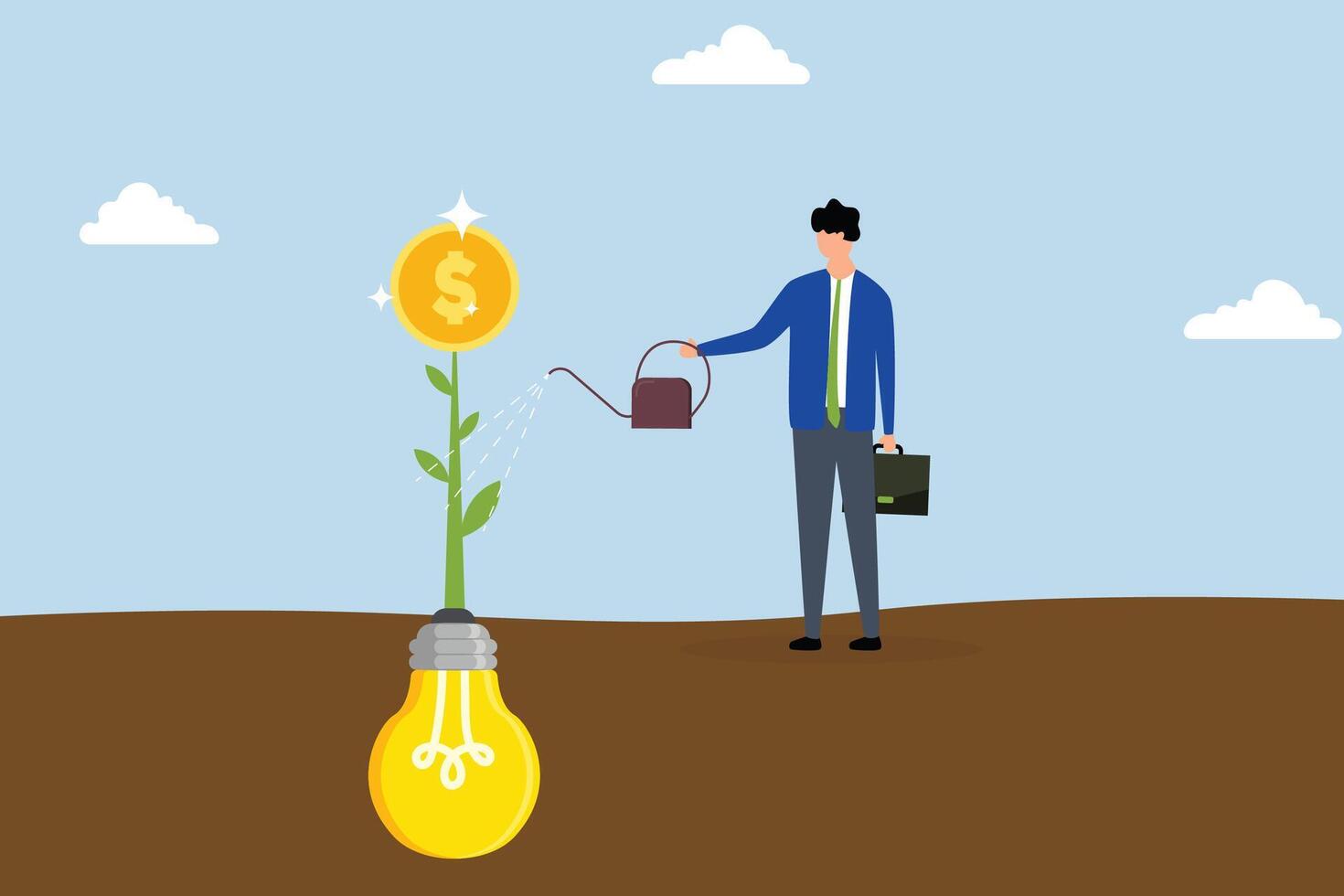 Monetize idea, businessman watering of growing money coun plants from bulb idea. vector