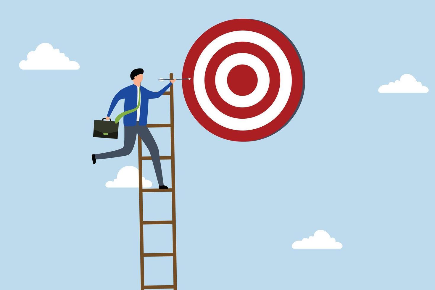 Success ladder, businessman climbs a ladder high into the sky, trying to reach perfect pinball table. vector
