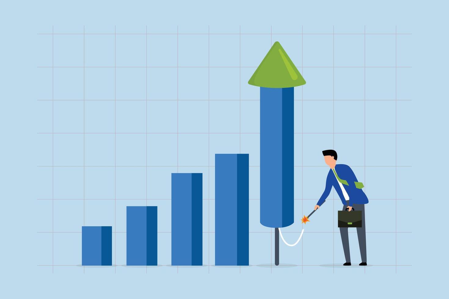 Grow your business, businessman lights fireworks from rocket dash to increase business growth. vector