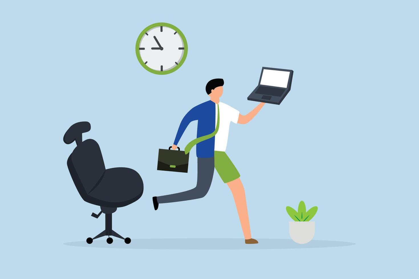 Hybrid work after crisis, businessman who works with hybrid fabric both at home and in the office. vector