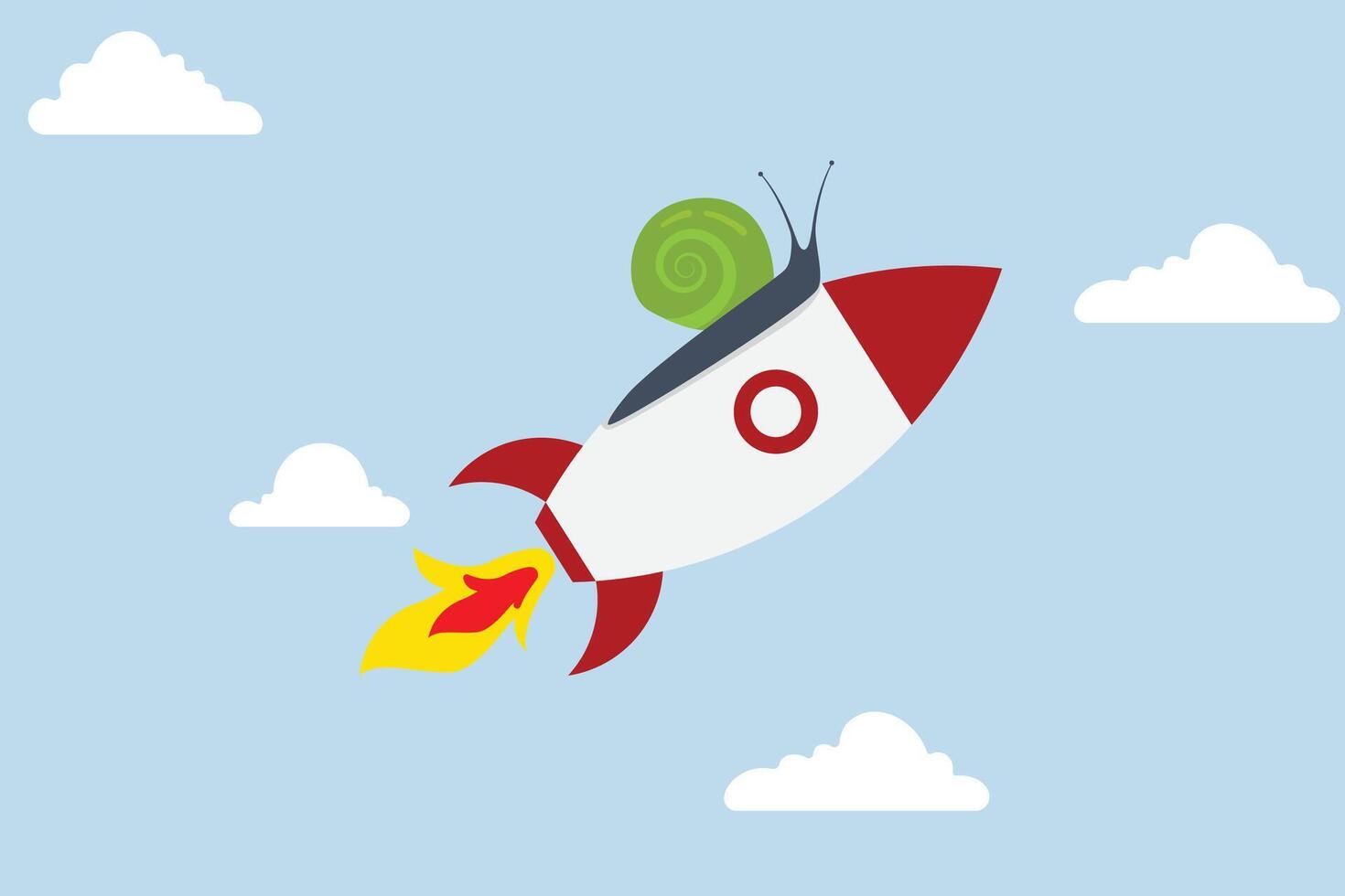 Accelerate business, slow snail flies fast rocket booster metaphor speeds up work process. vector