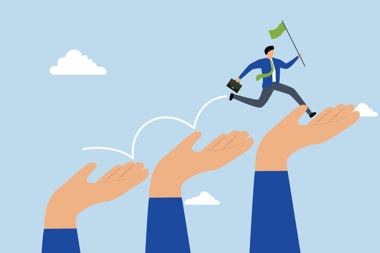 mentorship to assist employee to success, businessman jumps up growth ladder of giant hand to move towards goal. vector
