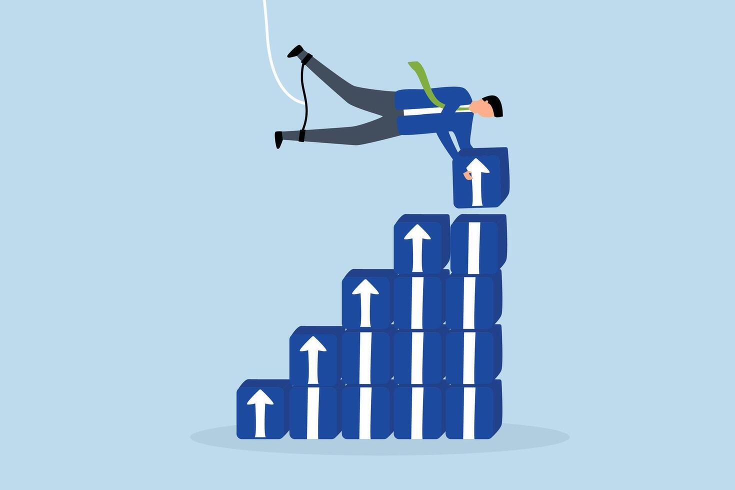Business growth, businessman hangs an arrow of increasing growth above stack box. vector