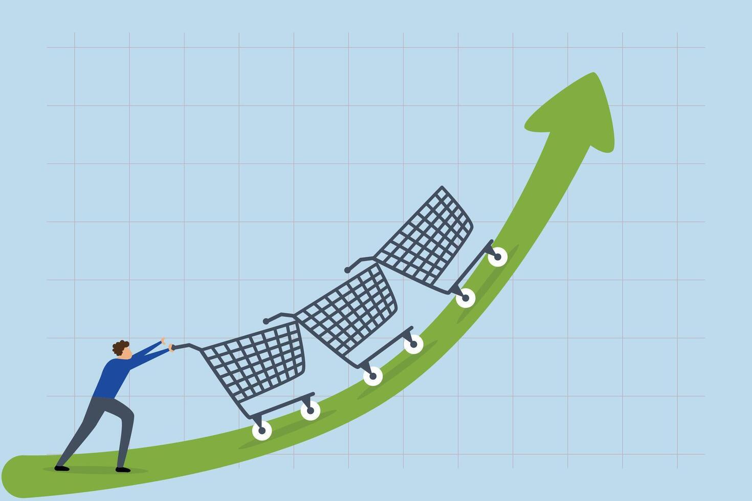 Increase sales, businessman sale manager push role of shopping cart trolley up rising arrow. vector