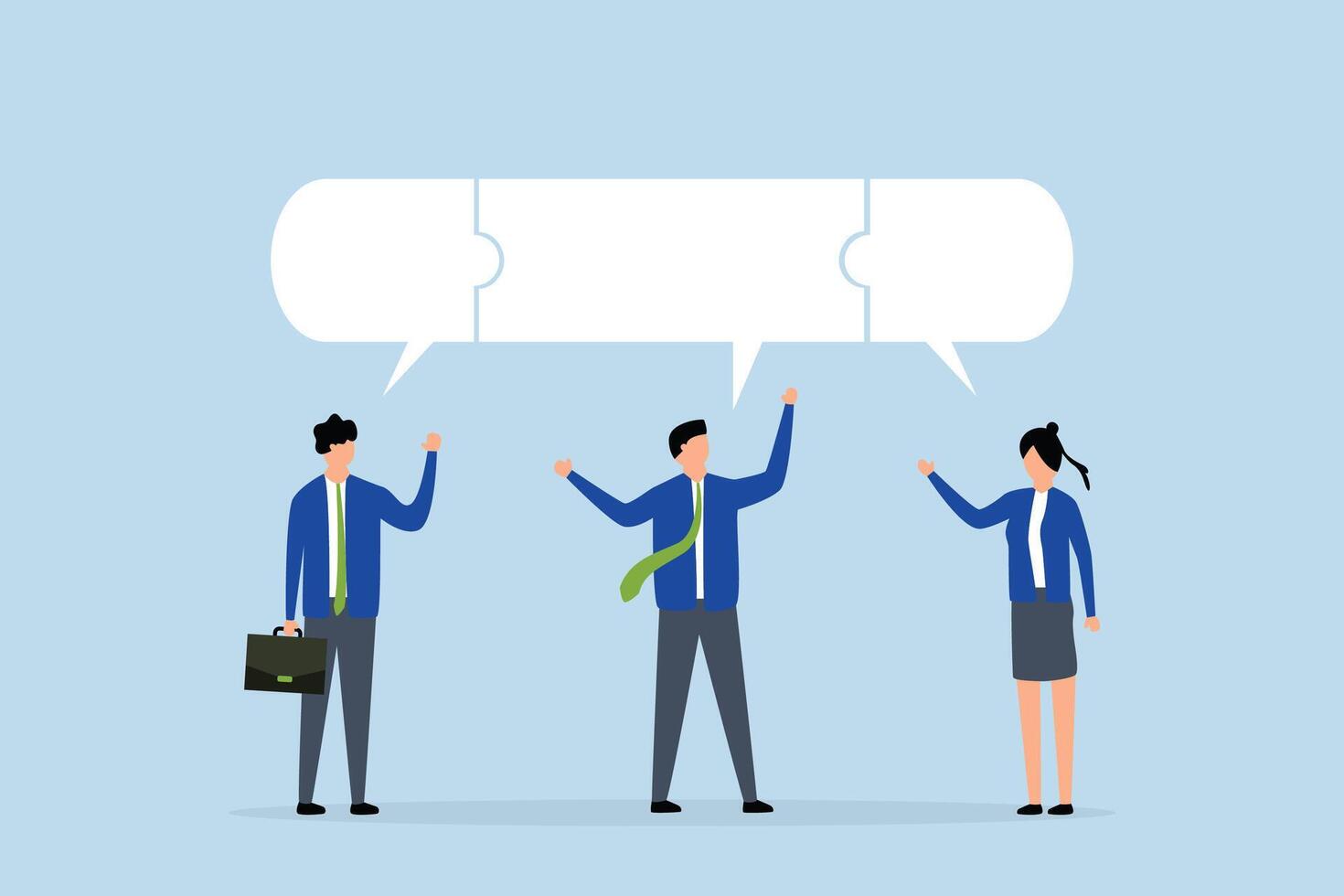Compromise to get solution in business meeting, a team of businessmen in puzzle connected with a speech bubble. vector