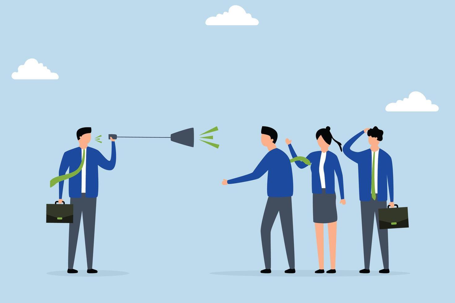 Effective communication, business manager talking to a team through megaphone in clear discussion meeting. vector