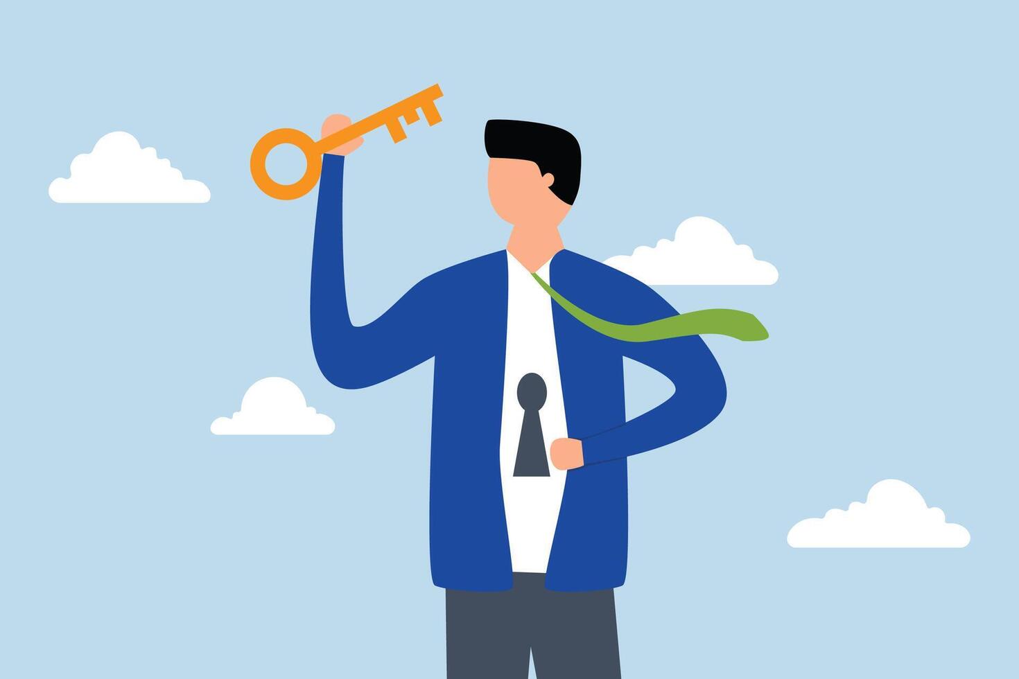 Unlock true potential, businessman with a golden key opening keyhole in his shirt vector