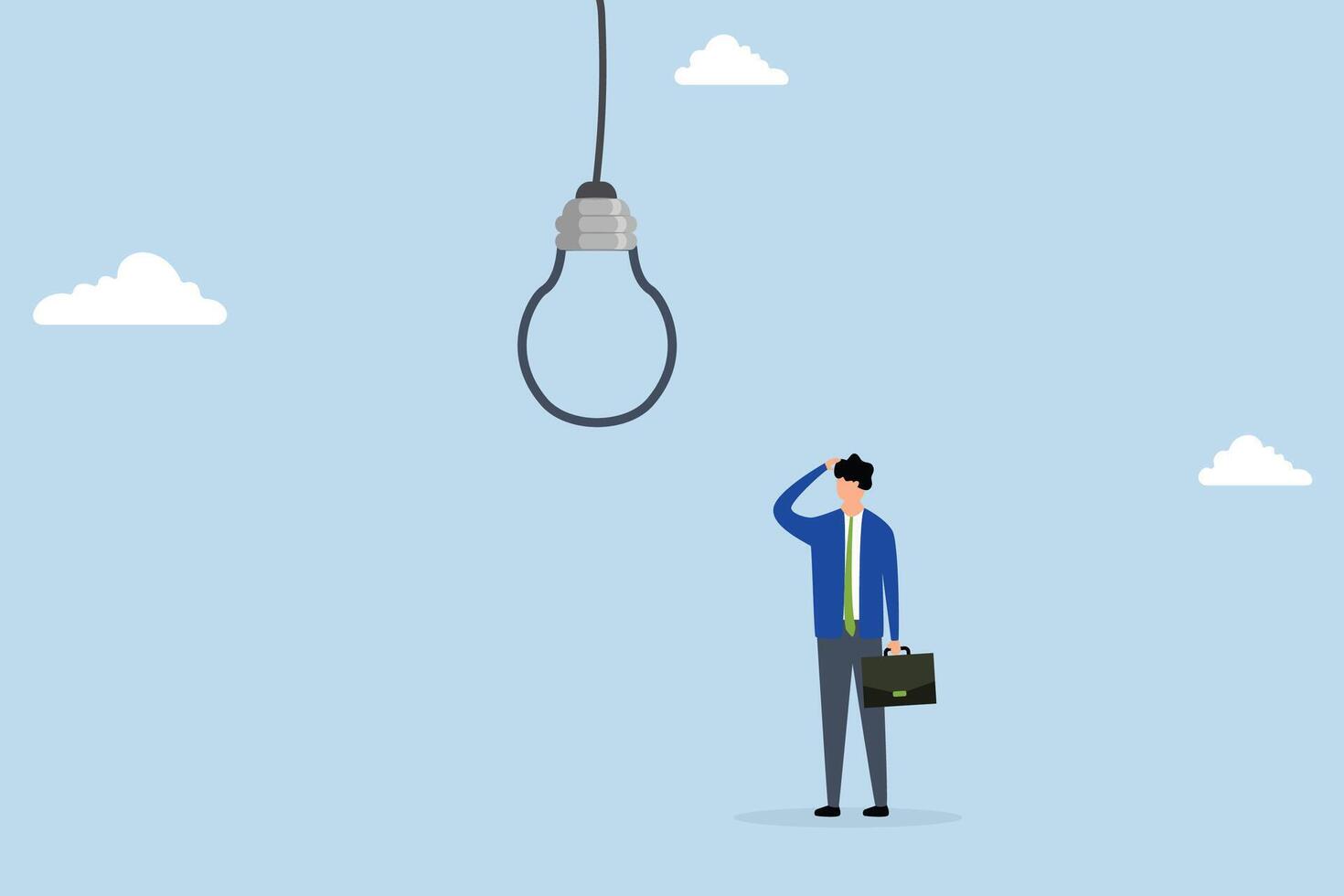 Business risk, skeptical businessman looking at light bulb idea thinking it looks like noose trap. vector
