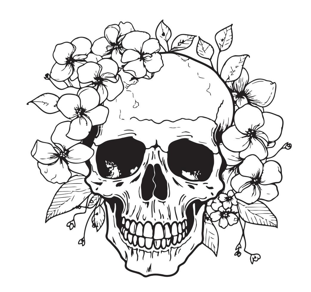 Skull in flowers sketch hand drawn engraving style illustration vector