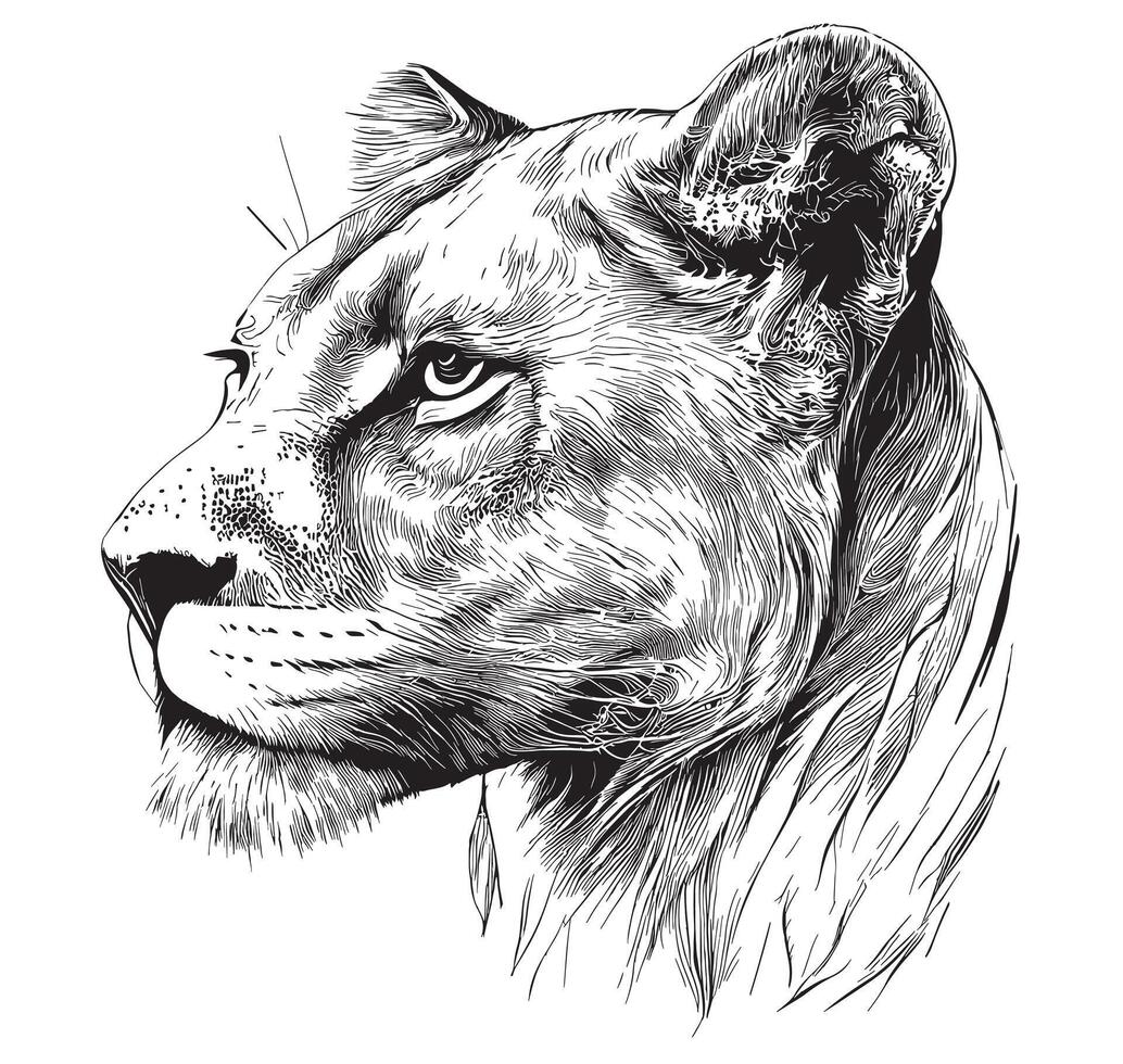 Lioness face hand drawn sketch illustration, Wild animals vector