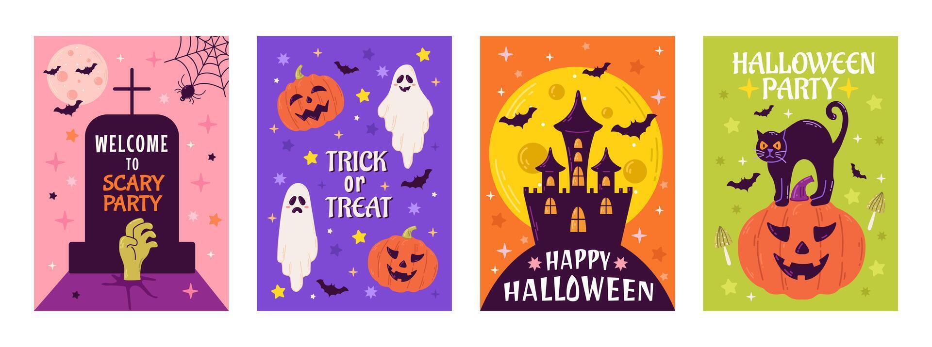 Happy Halloween party posters or flyers set. Illustration with pumpkin, ghost, moon, bat, and spiders web vector