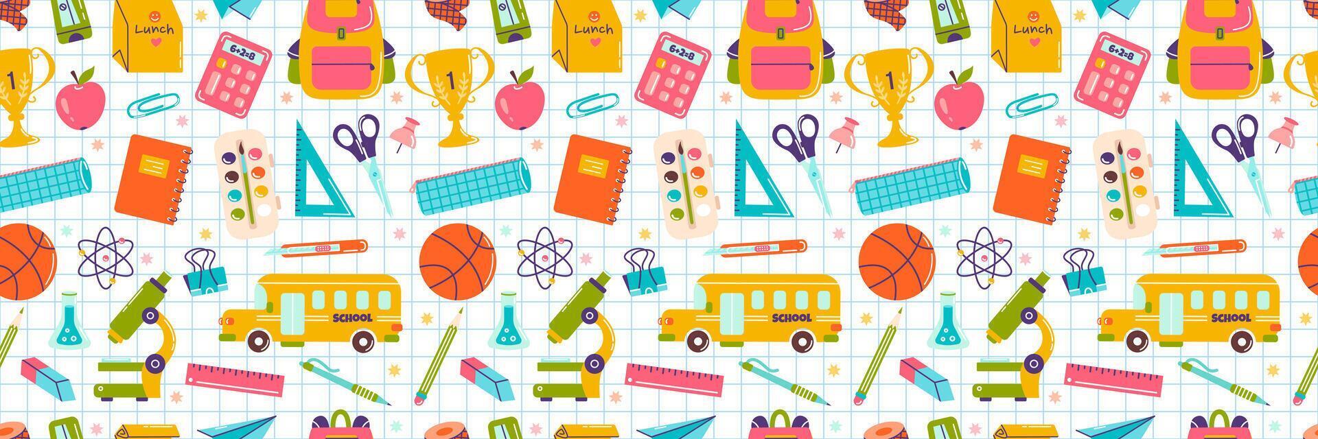 School supplies elements, seamless pattern in hand drawn style, back to school concept vector