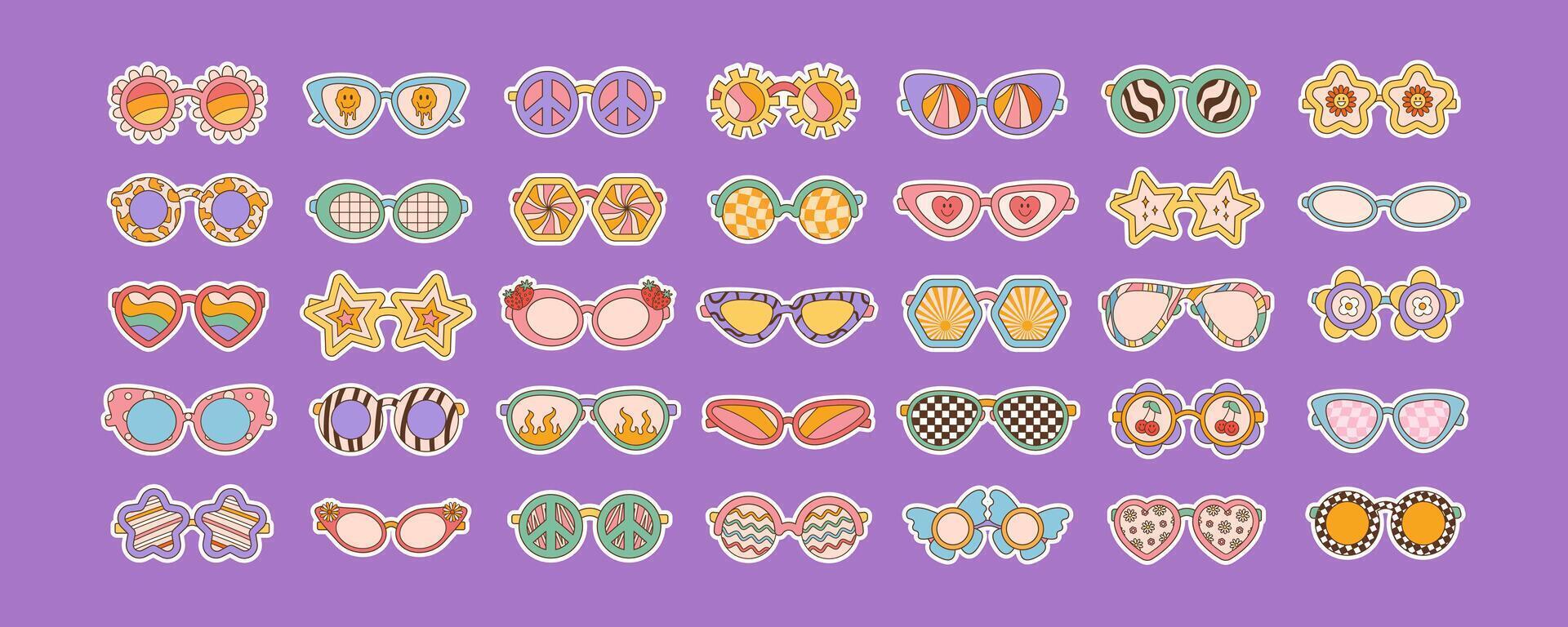Sunglasses big set in retro groovy hippie style. Different forms stars, heart, peace symbol, flowers. Illustration 70s 80s vector