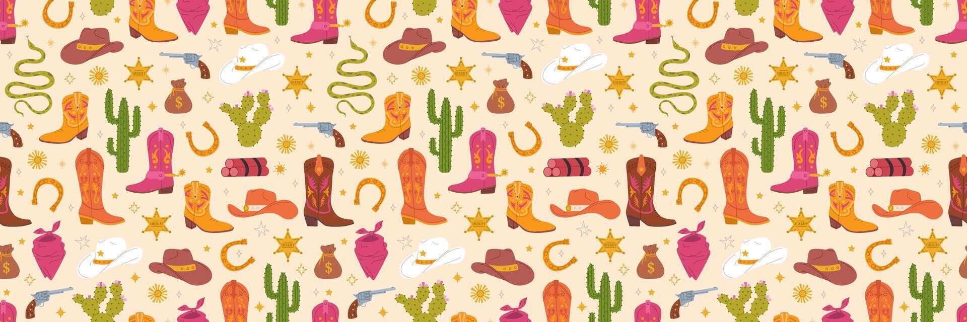 Cowboy seamless pattern. Wild West concept. Flat hand drawn illustration with hat, cactus, sheriff badge, and boots vector