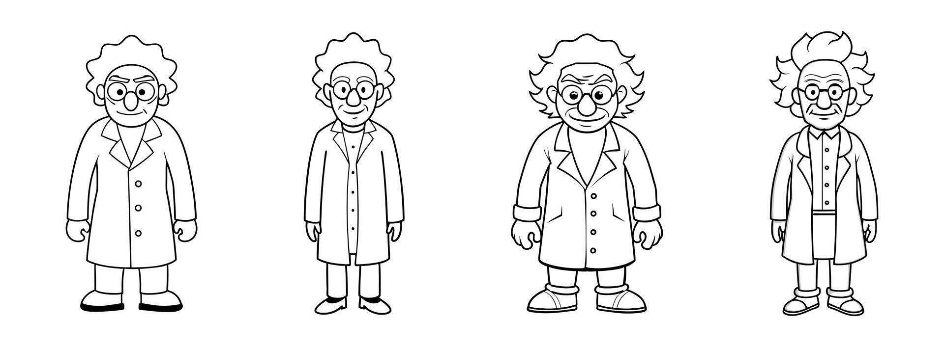 Set of Cartoon outlines of eccentric mad scientists characters in lab coats isolated on white background. Concept of crazy professor, mad genius, Halloween character. Print, design element. Clip art vector