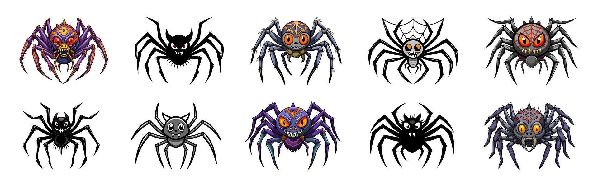 Set of Cartoon creepy spiders isolated on a white background. Concept of Halloween, arachnid, creepy creature, scary monster, colorful insect. Print, design element, illustration. Clip art vector