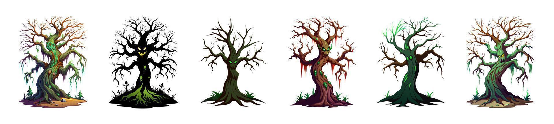 Set of Spooky haunted trees with ominous faces and creepy roots isolated on a white background. Concept of Halloween, horror, haunted forest, evil nature. Print, art, illustration. Clip art vector