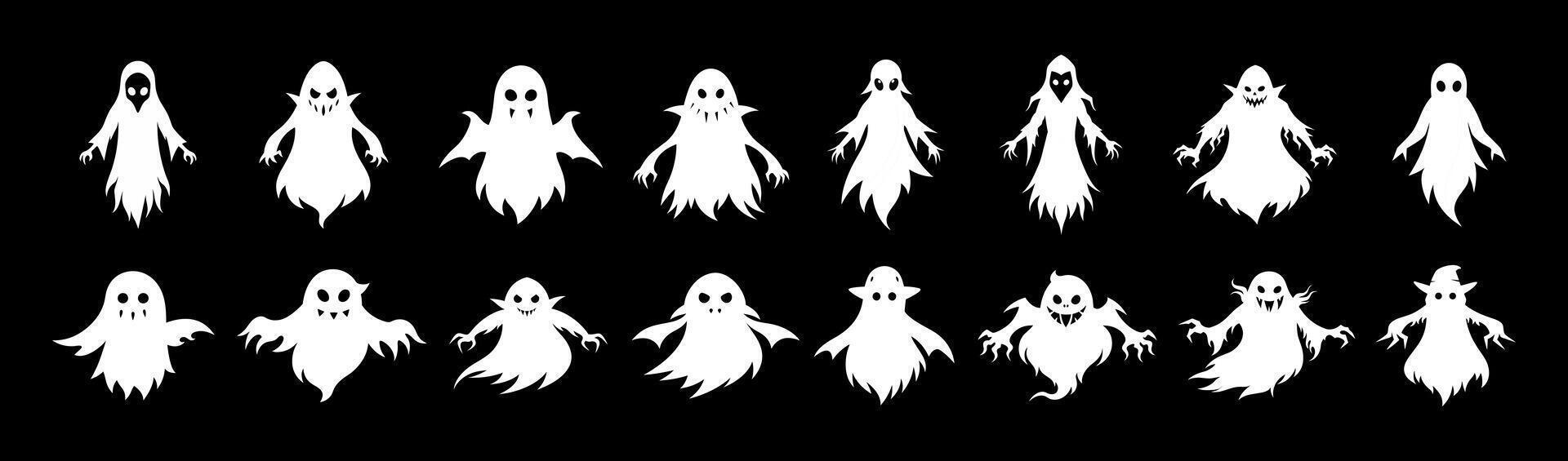 Set of White silhouettes of ghosts isolated on black background. Concept of spooky spirit, Halloween symbol, minimalist, eerie apparition, horror, sinister poltergeist. Print, icon, design elements vector