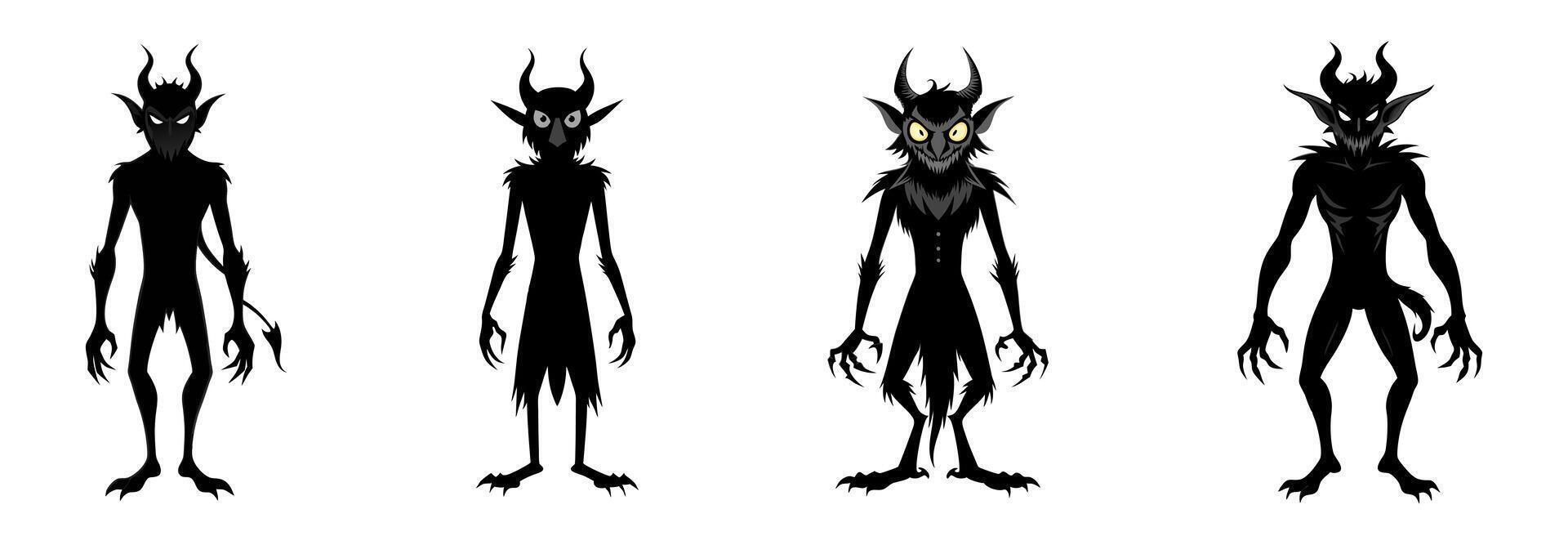 Set of Black silhouettes of devils isolated on white background. Demonic creature with horns. Concept of monster, fantasy character, evil spirit, spooky icon. Print, design element. Clip art vector
