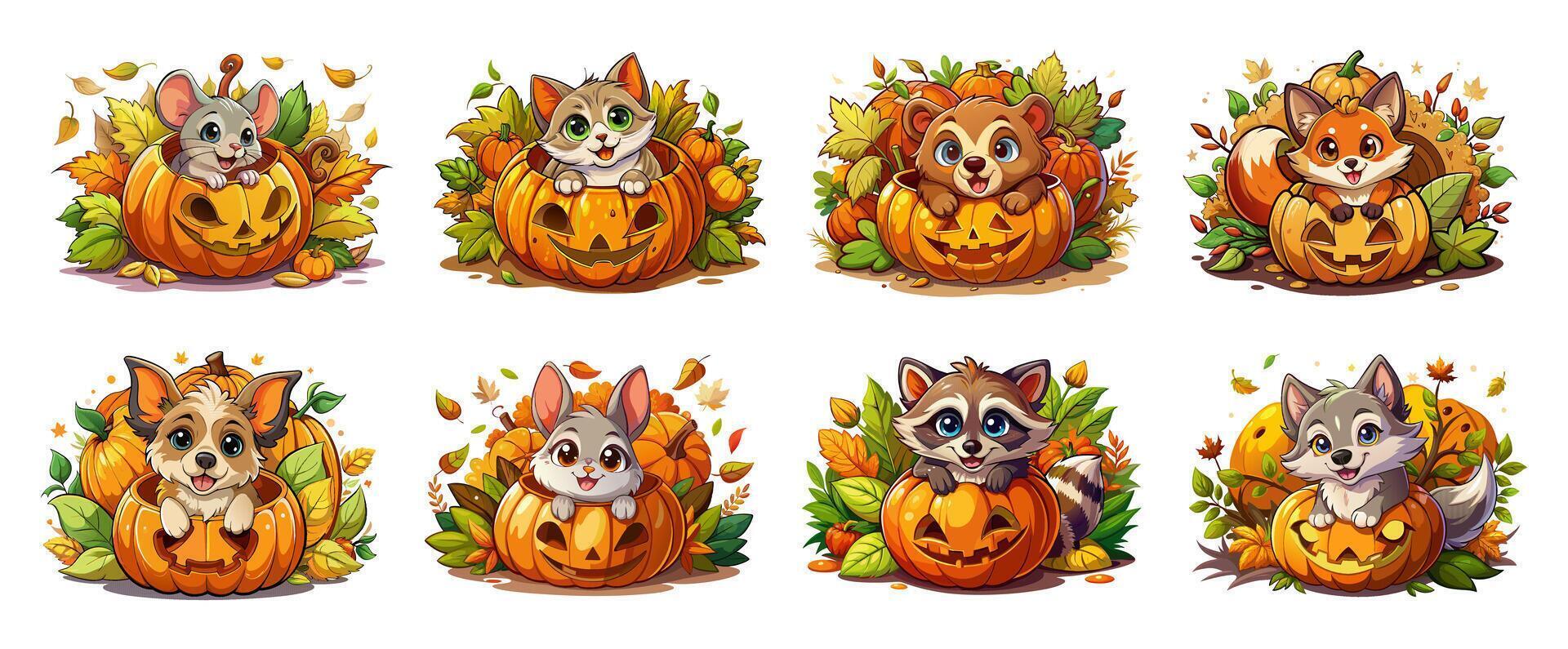 Set of adorable animals in carved pumpkins isolated on a white background. Concept of Halloween, cute pets, autumn fall season, woodland creatures. Print. design elements. Graphic. Clip art vector