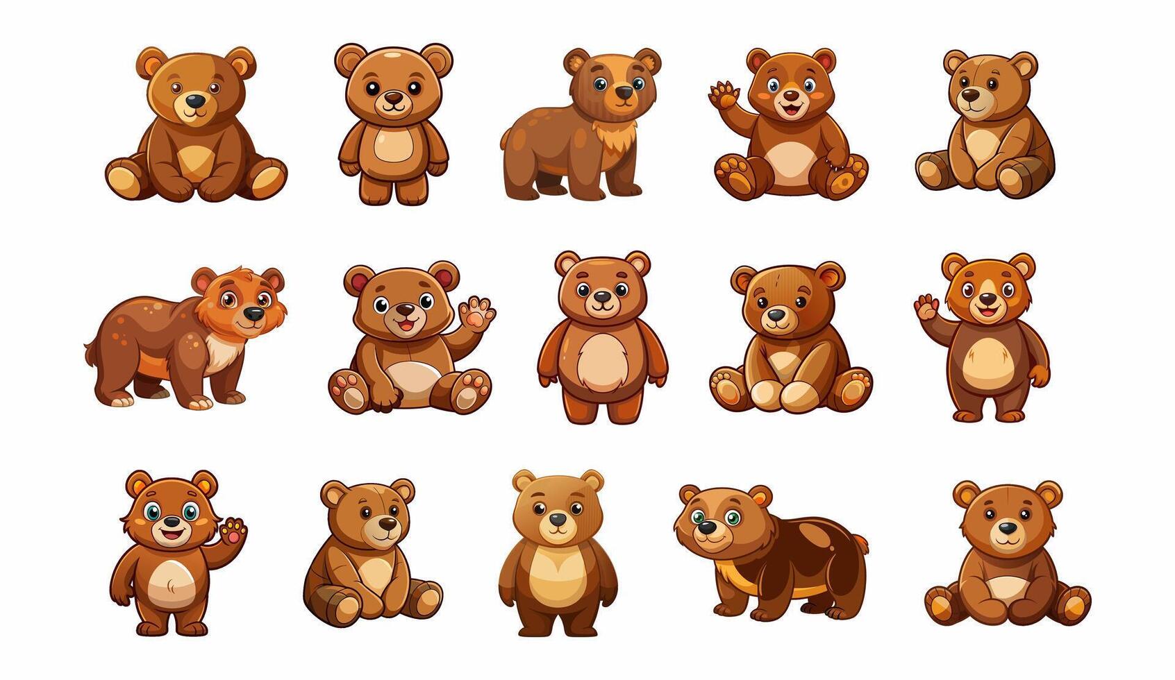 Set of brown toy bears isolated on a white background. Cute cartoon plush bears. Concept of kids toys, childhood, fun, game, playtime. Print, icon, design elements vector