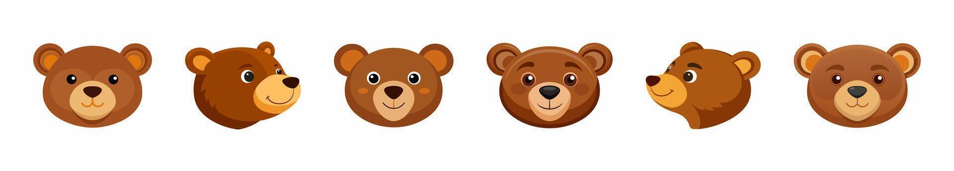 Set of brown toy bear faces with big eyes and smiles, isolated on a white background. Cute plush bear heads. Concept of kids toys, childhood, fun, games, playtime. Prints, icons, design elements vector